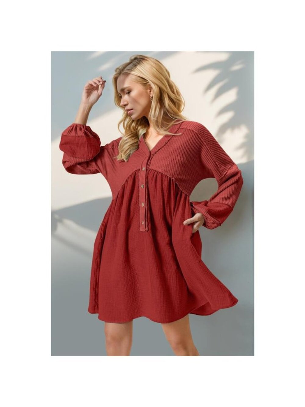 Double Take Waffle-Knit Contrast Half Button V-Neck Long Sleeve Mini Dress